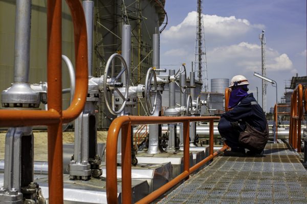 Male worker inspection visual pipeline and valve tube steam gas  pipeline